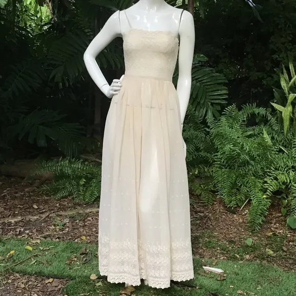 Vintage 70s Handmade Cotton Embroidered Maxi Dress | Color: Cream | Size: 2 | Tangibeads's Closet
